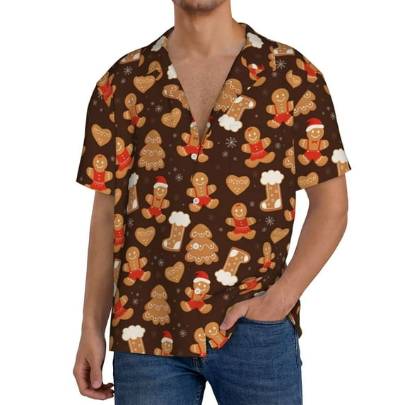 Gukieu Christmas Gingerbread Cookies Print Men's Short-sleeved Shirts, Button-down Pocket Shirts, T-shirts, Beach Vacation Travel Summer Clothing-Large