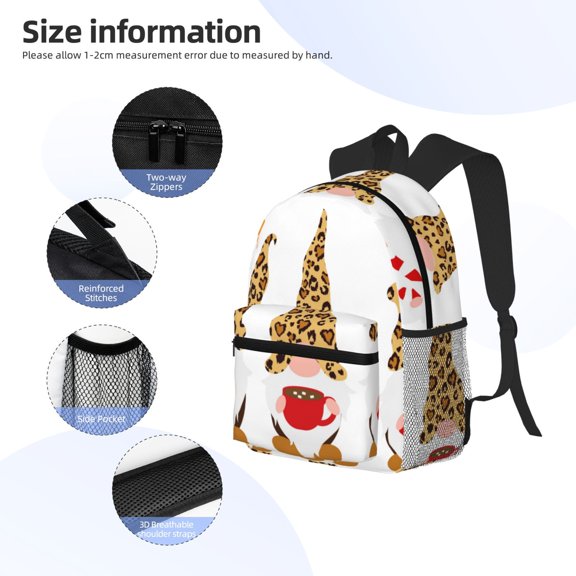Gukieu Christmas Gnomes In Leopard Print Backpack, Waterproof Backpack with Adjustable Shoulder Straps, Suitable for Campus, Business, Travel, Unisex