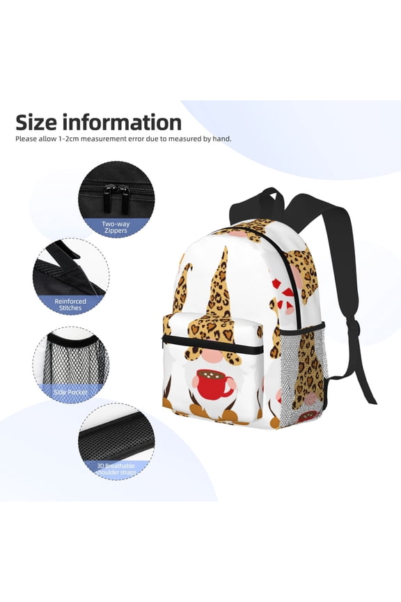 Christmas Gnomes In Leopard Print Backpack, Waterproof Backpack with Adjustable Shoulder Straps, Suitable for Campus, Business, Travel, Unisex