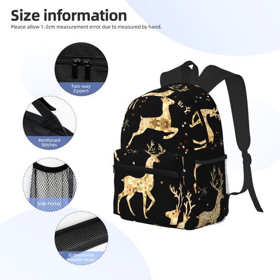 Gukieu Christmas Gold Deers Print Backpack, Waterproof Backpack with Adjustable Shoulder Straps, Suitable for Campus, Business, Travel, Unisex