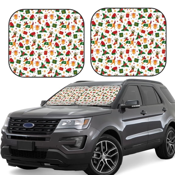 Gukieu Christmas Hat Cute Puppy Print Car Windshield Sun Visor, Foldable Anti-UV Car Sun Visor Suitable for Vans, Trucks Car Accessories-Medium