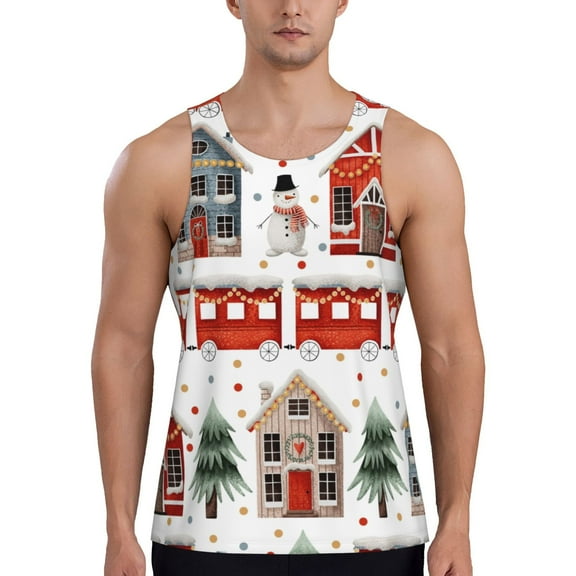 Gukieu Christmas Houses Print Men's Quick Dry Fitness Vest, Round Neck Sleeveless Fitness Bodybuilding Top-Large