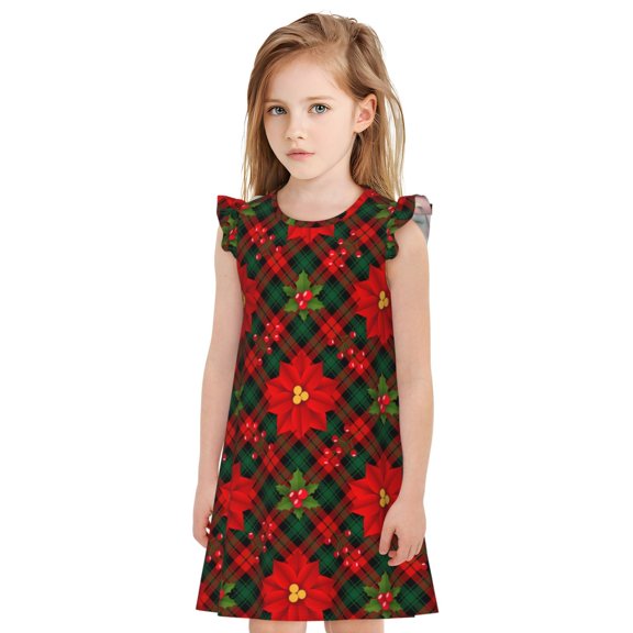 Gukieu Christmas Plaid Flower Print Girls' Flying Sleeves Nightdress, Round Neck Sleeveless Princess Dress, Nightgown and Home Clothes-Small