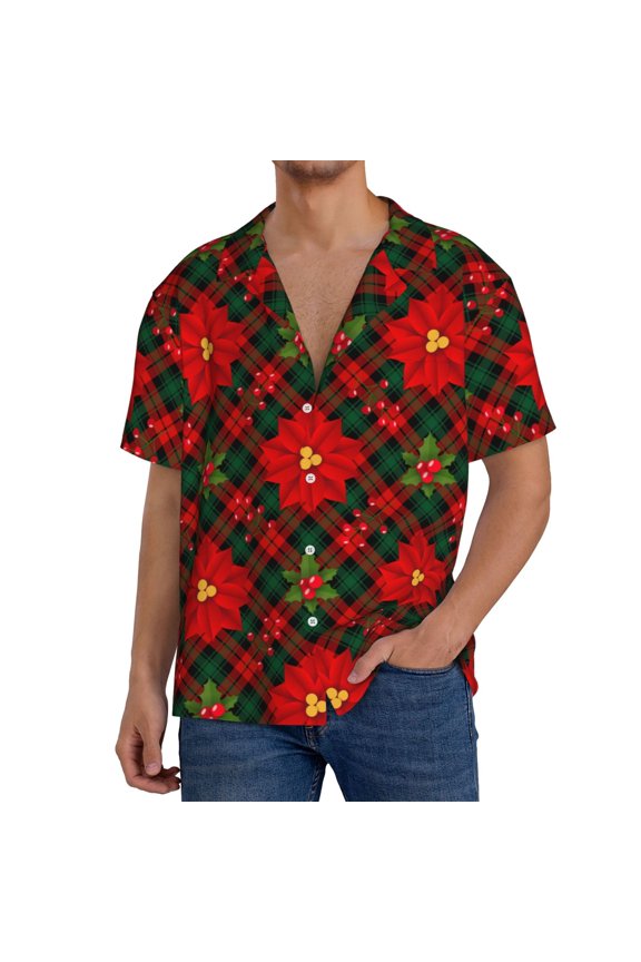 Christmas Plaid Flower Print Men's Short-sleeved Shirts, Button-down Pocket Shirts, T-shirts, Beach Vacation Travel Summer Clothing-Small