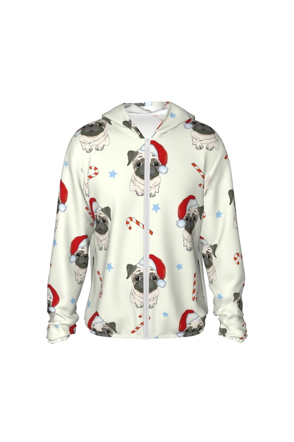 Christmas Pug Dog Print Sun Protection Hoodies for Men and Women, Zippered Long-sleeved Quick-drying UV Protection Shirts, Suitable for Sports, Swimming, Fishing-Small