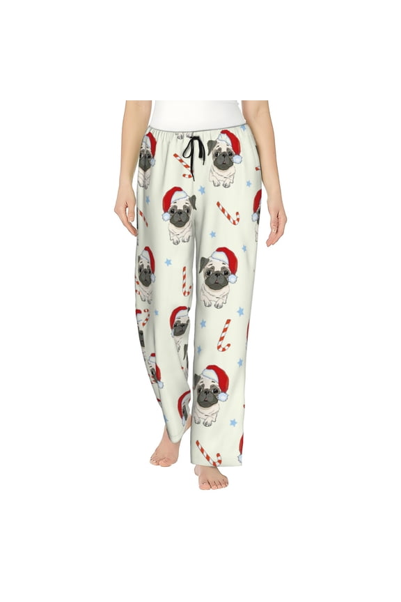 Christmas Pug Dog Print Women's Home Trousers, with Pockets and Drawstring Pajamas, Home Pajamas, Sleepwear-XX-Large