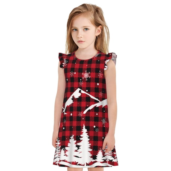 Gukieu Christmas Tree Buffalo Plaid Print Girls' Flying Sleeves Nightdress, Round Neck Sleeveless Princess Dress, Nightgown and Home Clothes-Small