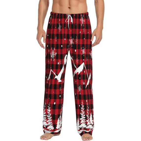 Gukieu Christmas Tree Buffalo Plaid Print Men's Home Trousers, Elastic Drawstring Home Pajamas Clothing Suitable for Adult Men-Small
