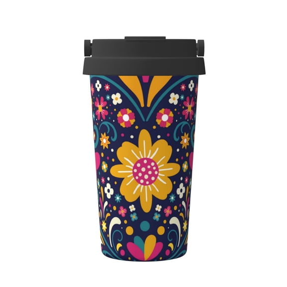 Gukieu Cinco De Mayo Floral Print Insulated Coffee Cup, Portable Stainless Steel Vacuum Cup with Lid, Unisex, Suitable for Office, Cafe, Car