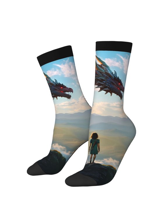 Clear Sky Mountain Red Dragon Print Contrast Color Mid-calf Socks, Sweat-wicking Athletic Socks, Unisex Clothing Accessories