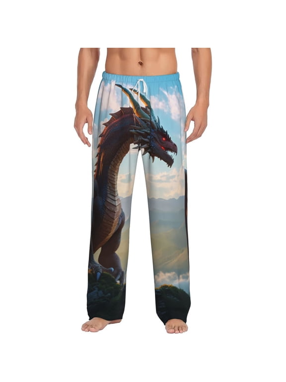 Clear Sky Mountain Red Dragon Print Men's Home Trousers, Elastic Drawstring Home Pajamas Clothing Suitable for Adult Men-3X-Large
