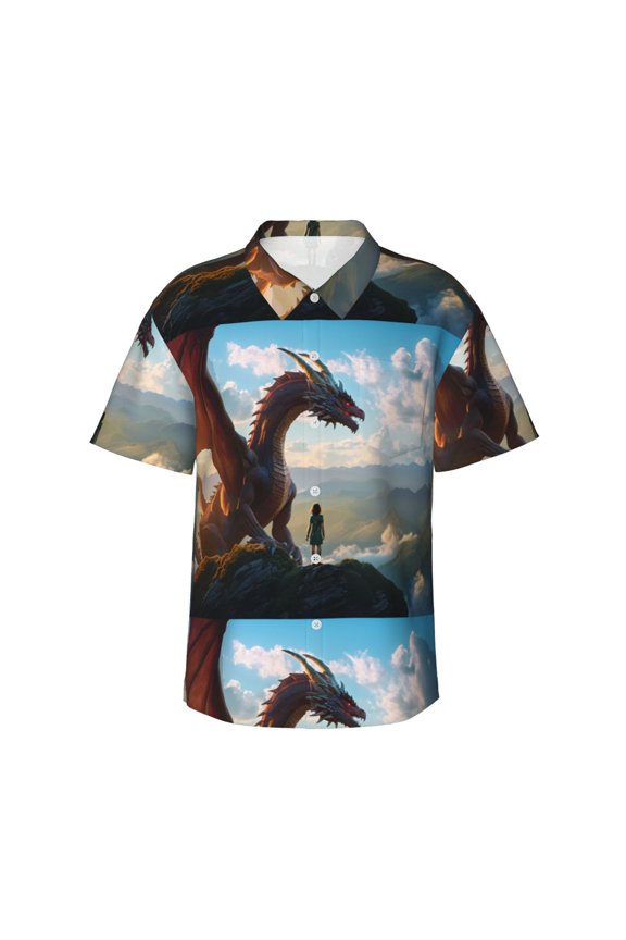 Clear Sky Mountain Red Dragon Print Men's Short-sleeved Shirts, Button-down Lapel Hawaiian Shirts, T-shirts, Beach Vacation Summer Casual Wear,Large