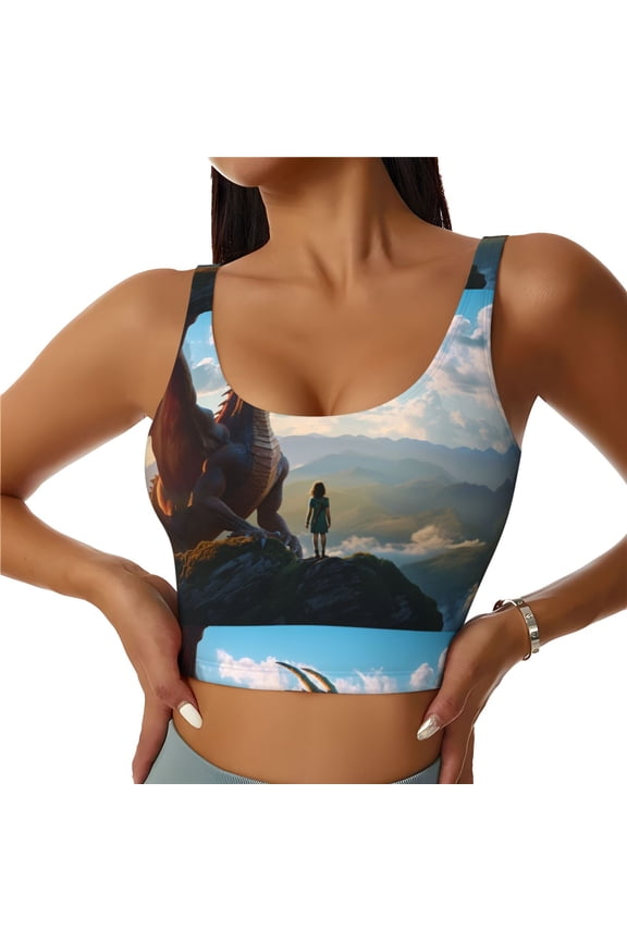 Clear Sky Mountain Red Dragon Print Women's Sports Vest, Low-neck U-shaped Removable Pad Sports Bra for Yoga, Exercise, Dance-XX-Large