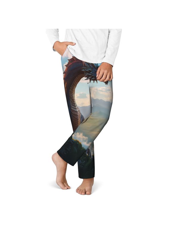 Clear Sky Mountain Red Dragon Print Youth Home Trousers, Elastic Waistband with Pockets for Home and Outing, Suitable for Children Aged 5-16-Small