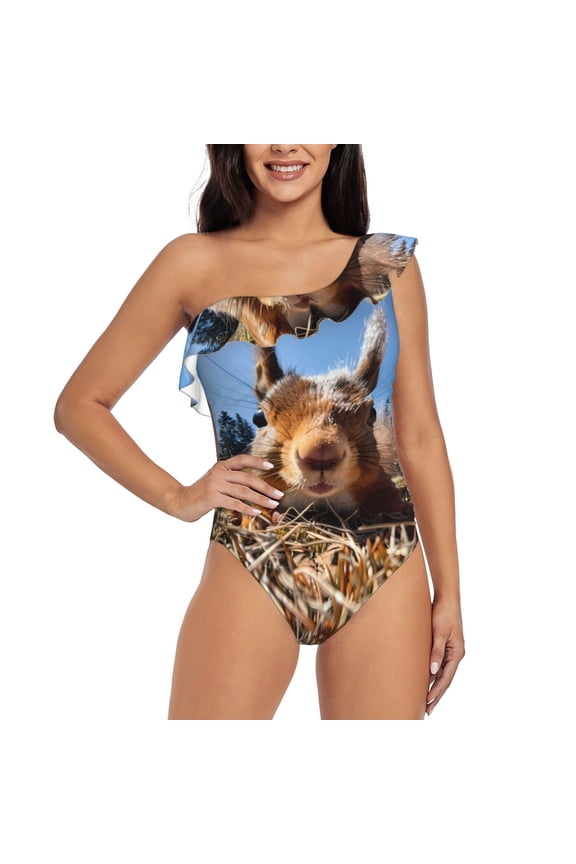 Close-Up Curious Squirrel Print One-shoulder Ruffled One-piece Swimsuit with Removable Chest Pads and Tummy-control Swimsuit for Women-Medium