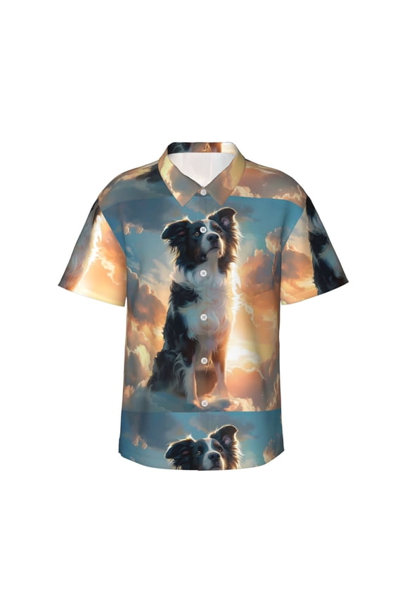 Cloud Border Collie Print Men's Short-sleeved Shirts, Button-down Lapel Hawaiian Shirts, T-shirts, Beach Vacation Summer Casual Wear,