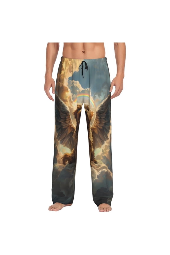 Cloud Rainbow Winged Dog Print Men's Home Trousers, Elastic Drawstring Home Pajamas Clothing Suitable for Adult Men-Large