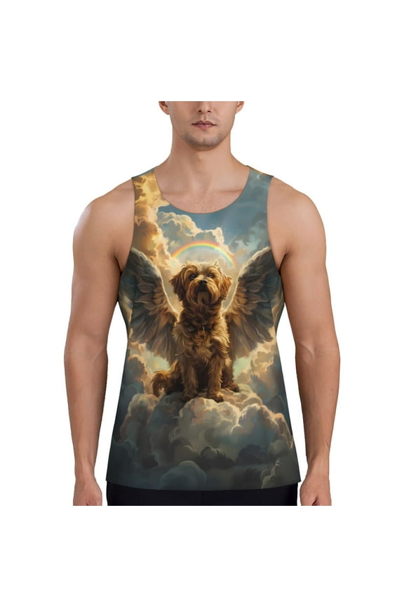Cloud Rainbow Winged Dog Print Men's Quick Dry Fitness Vest, Round Neck Sleeveless Fitness Bodybuilding Top-3X-Large