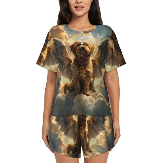 Gukieu Cloud Rainbow Winged Dog Print Women's Short-sleeved Pajama Set, Round Neck Button Top Elastic Shorts 2-piece Set, Summer Home Leisure Clothing-X-Large