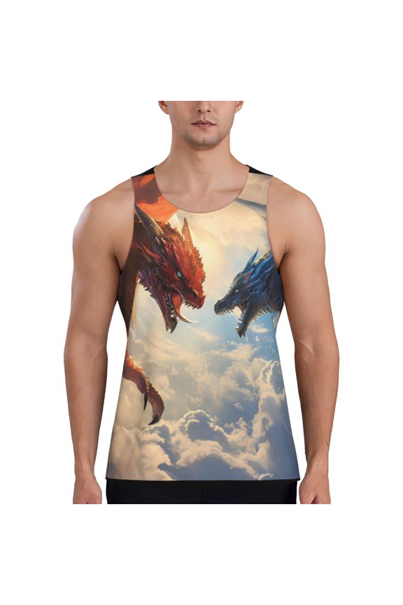 Cloud Red And Blue Dragon Print Men's Quick Dry Fitness Vest, Round Neck Sleeveless Fitness Bodybuilding Top-Small