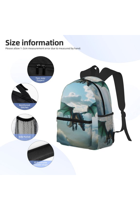 Cloud Sky Green Dragon Print Backpack, Waterproof Backpack with Adjustable Shoulder Straps, Suitable for Campus, Business, Travel, Unisex