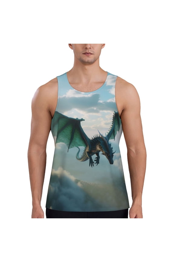 Cloud Sky Green Dragon Print Men's Quick Dry Fitness Vest, Round Neck Sleeveless Fitness Bodybuilding Top-4X-Large