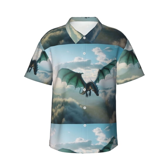 Gukieu Cloud Sky Green Dragon Print Men's Short-sleeved Shirts, Button-down Lapel Hawaiian Shirts, T-shirts, Beach Vacation Summer Casual Wear,Large