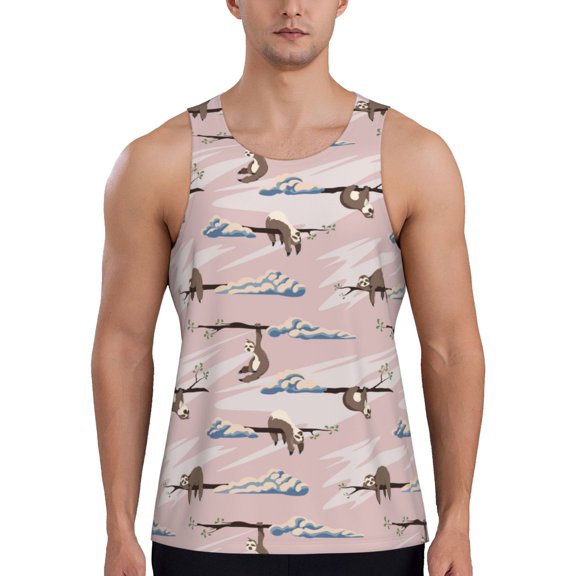 Gukieu Cloud Sloth Print Men's Quick Dry Fitness Vest, Round Neck Sleeveless Fitness Bodybuilding Top-Large