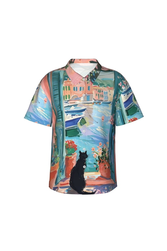 Coastal Cat By The Window Print Men's Short-sleeved Shirts, Button-down Lapel Hawaiian Shirts, T-shirts, Beach Vacation Summer Casual Wear,
