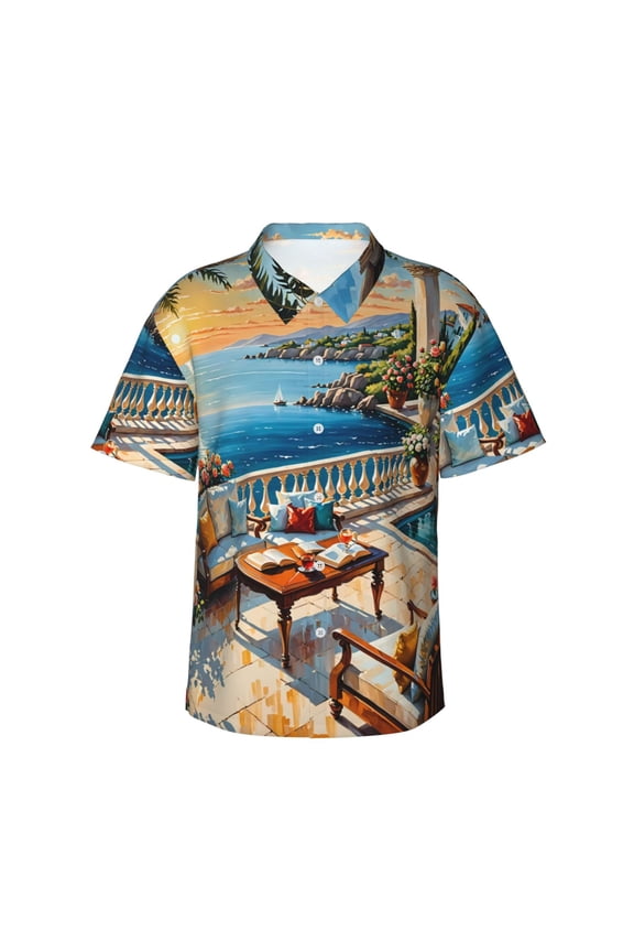 Coastal Style Garden Villa Print Men's Short-sleeved Shirts, Button-down Lapel Hawaiian Shirts, T-shirts, Beach Vacation Summer Casual Wear,