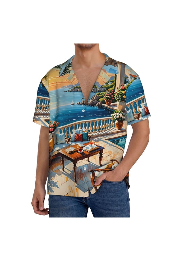 Coastal Style Garden Villa Print Men's Short-sleeved Shirts, Button-down Pocket Shirts, T-shirts, Beach Vacation Travel Summer Clothing-Small