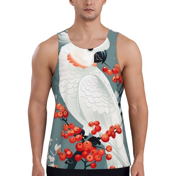 Gukieu Cockatoo Red Berries Print Men's Quick Dry Fitness Vest, Round Neck Sleeveless Fitness Bodybuilding Top-4X-Large