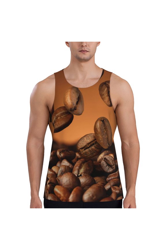 Coffee Beans Print Men's Quick Dry Fitness Vest, Round Neck Sleeveless Fitness Bodybuilding Top-XX-Large