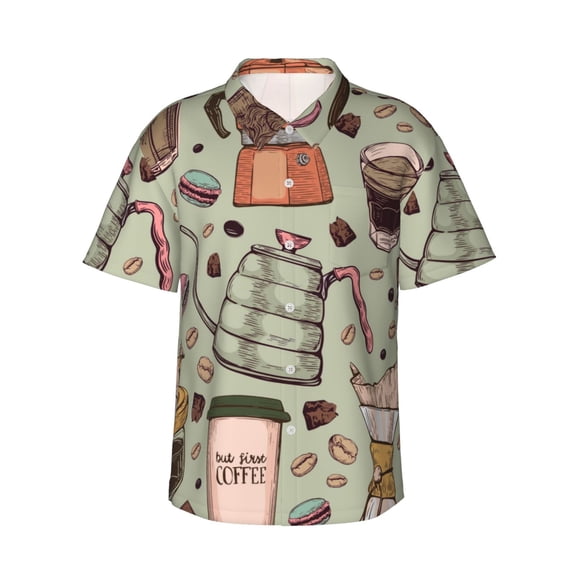 Gukieu Coffee Makers Macaroons Chocolate Print Men's Short-sleeved Shirts, Button-down Lapel Hawaiian Shirts, T-shirts, Beach Vacation Summer Casual Wear,Small