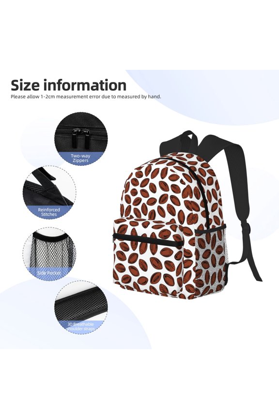 Coffee Rugby Print Backpack, Waterproof Backpack with Adjustable Shoulder Straps, Suitable for Campus, Business, Travel, Unisex