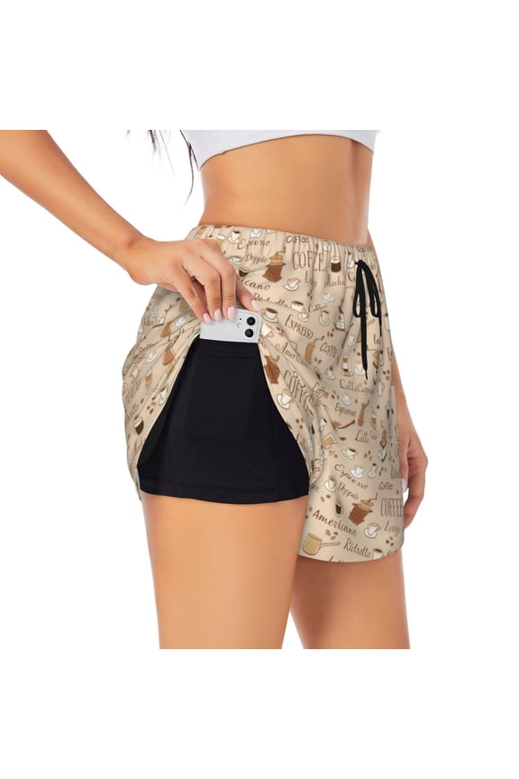 Coffee Time Print Women's Sports Shorts with Drawstring Elastic Waistband for Running, Yoga, Fitness-Large
