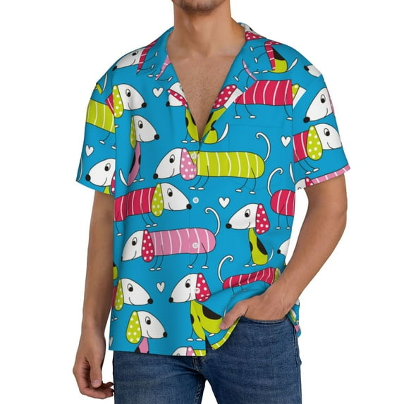 Gukieu Color Dachshund Dog Print Men's Short-sleeved Shirts, Button-down Pocket Shirts, T-shirts, Beach Vacation Travel Summer Clothing-X-Large