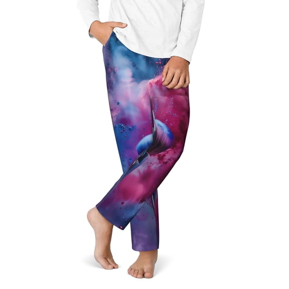 Gukieu Color Explosion Makeup Brush Print Youth Home Trousers, Elastic Waistband with Pockets for Home and Outing, Suitable for Children Aged 5-16-Medium