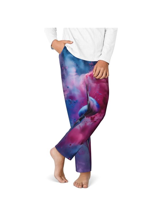 Color Explosion Makeup Brush Print Youth Home Trousers, Elastic Waistband with Pockets for Home and Outing, Suitable for Children Aged 5-16-XS(5-6)