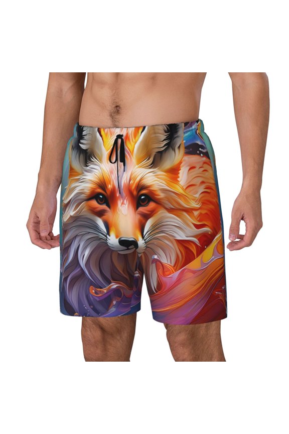 Color Splash Fox Portrait Print Men's Double Layer Sports Swim Trunks, Quick Dry Adjustable Waist Swim Shorts Swimwear-X-Large