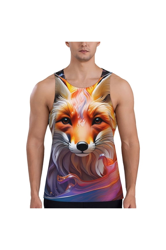 Color Splash Fox Portrait Print Men's Quick Dry Fitness Vest, Round Neck Sleeveless Fitness Bodybuilding Top-Large
