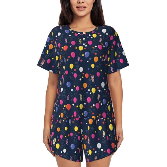 Gukieu Colored Balloons Print Women's Short-sleeved Pajama Set, Round Neck Button Top Elastic Shorts 2-piece Set, Summer Home Leisure Clothing-Large