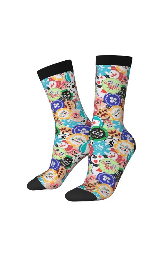 Colored Casino Chips Print Contrast Color Mid-calf Socks, Sweat-wicking Athletic Socks, Unisex Clothing Accessories