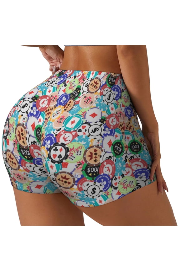 Colored Casino Chips Print Women's Sports Shorts, Elastic Waist High Stretch Running Yoga Gym Sweatpants-Small