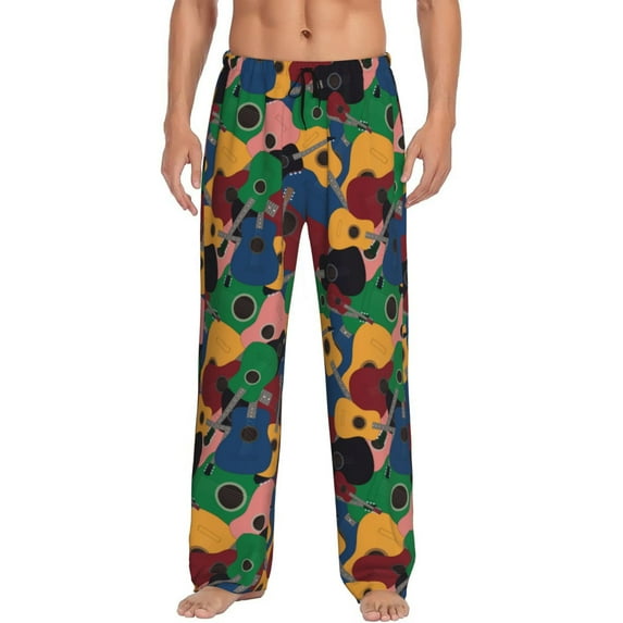 Gukieu Colored Guitars Print Men's Home Trousers, Elastic Drawstring Home Pajamas Clothing Suitable for Adult Men-Small