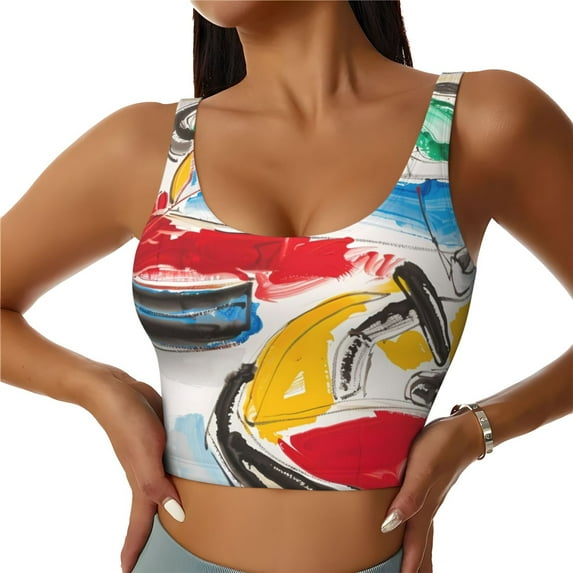 Gukieu Colorful Abstract Bumper Cars Print Women's Sports Vest, Low-neck U-shaped Removable Pad Sports Bra for Yoga, Exercise, Dance-Small