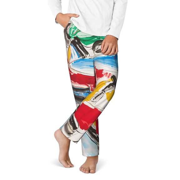 Gukieu Colorful Abstract Bumper Cars Print Youth Home Trousers, Elastic Waistband with Pockets for Home and Outing, Suitable for Children Aged 5-16-XS(5-6)