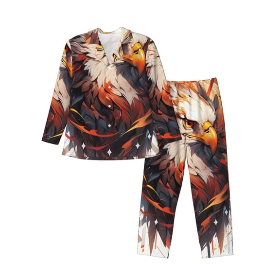 Gukieu Colorful Abstract Eagle Print Men's Long-sleeved Pajamas Set, Elastic Waist Pajamas Button-down Pajamas Two-piece Set, Suitable for Adult Male Home Wear-X-Large