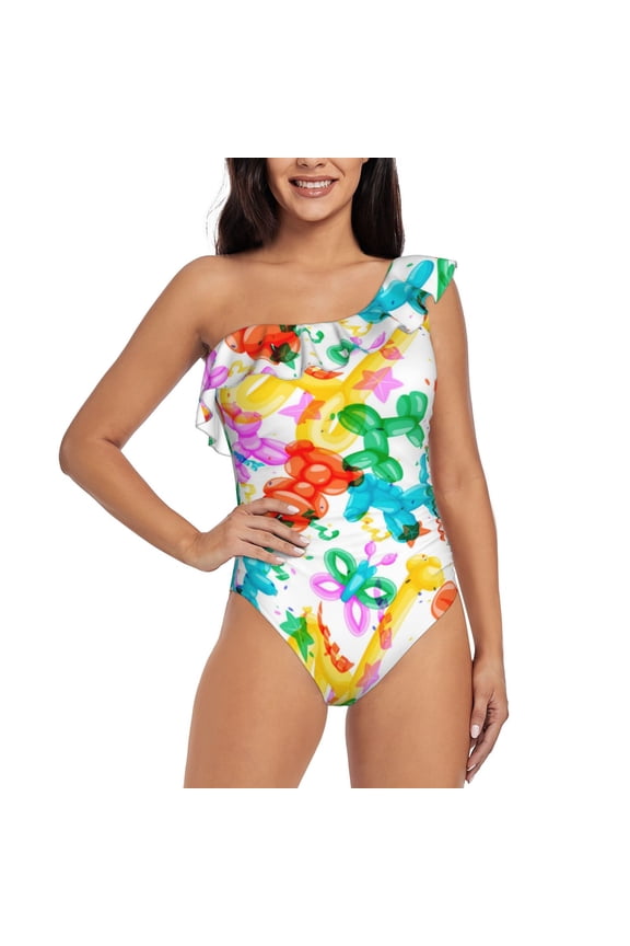 Colorful Air Balloons Print One-shoulder Ruffled One-piece Swimsuit with Removable Chest Pads and Tummy-control Swimsuit for Women-X-Large