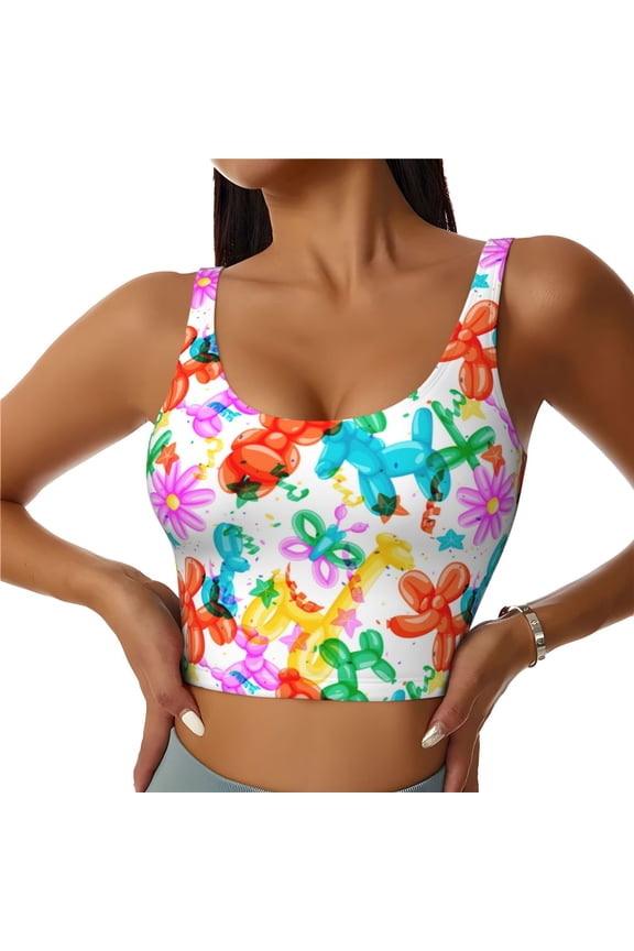 Colorful Air Balloons Print Women's Sports Vest, Low-neck U-shaped Removable Pad Sports Bra for Yoga, Exercise, Dance-Small